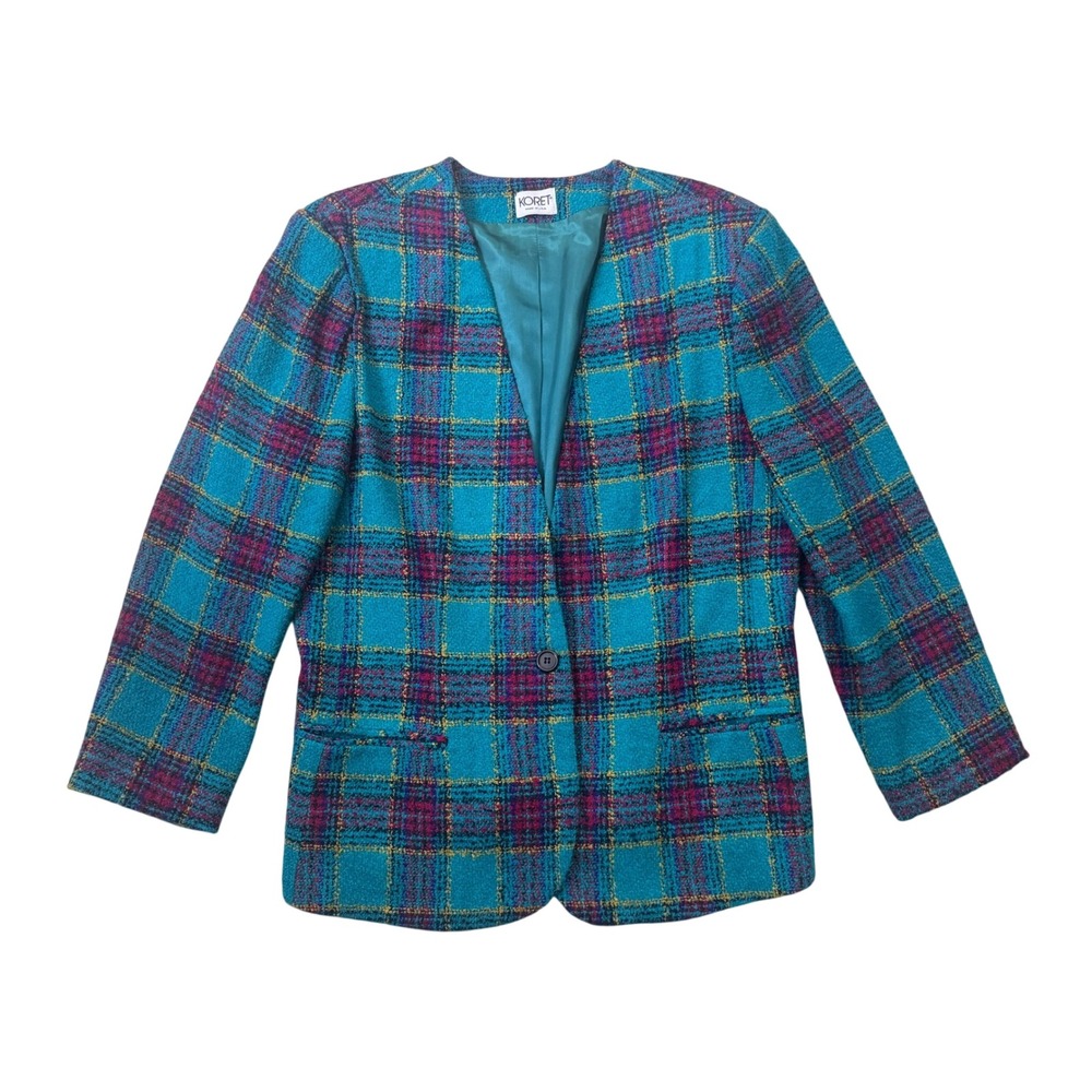 Koret Vintage USA Teal Plaid Collarless Wool Blend Blazer Jacket Size 18